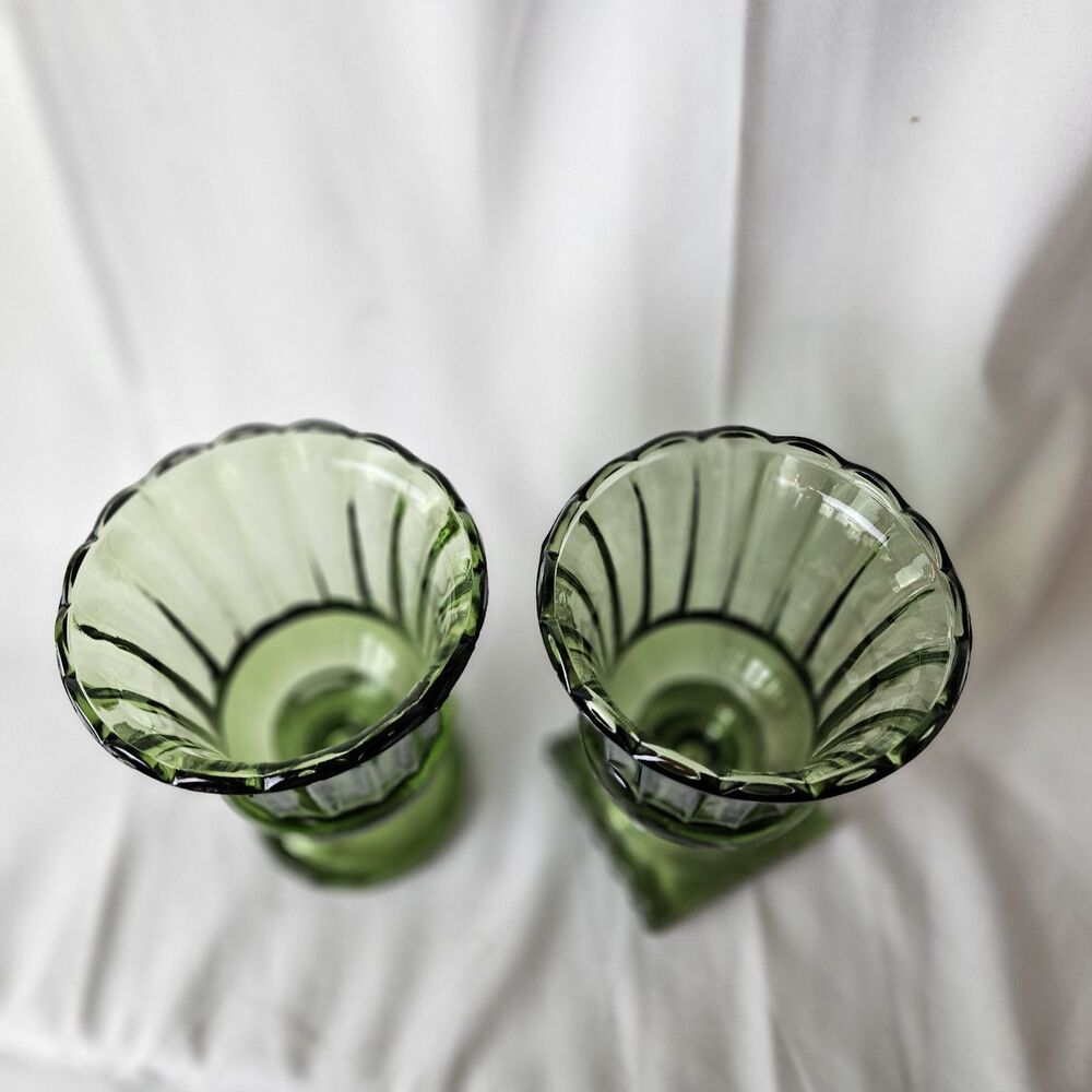 VTG Pressed Indiana Avocado Green Glass/Square Pedestal 6” X 4.5” Set Of 2 - Picture 2 of 5